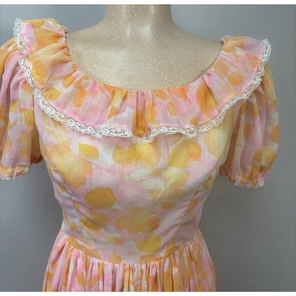 Vintage Handmade Dress Small Orange Floral Airy Cotton Fit Flare Puff Sleeve - Picture 10 of 10